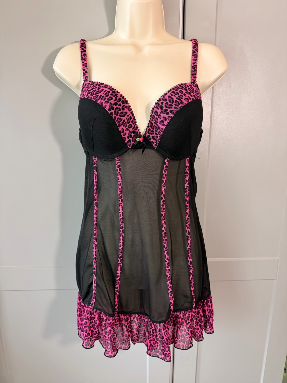 Black Mesh / Hot Pink Leopard Print Babydoll Nightdress